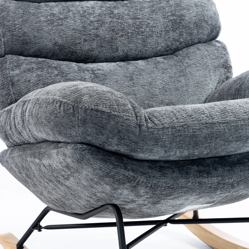 HOMCOM Schommelstoel van chenille, fauteuil voor kleermakerszit met dubbellaags kussen, zachte rugleuning en onderstel van rubberhout, donkergrijs
