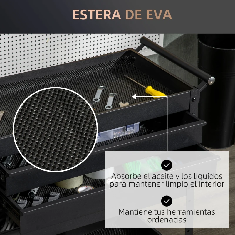 DURHAND Carro de Herramientas para Taller con Ruedas 2 Cajones y 3 Estantes para Garaje Mecánico Casa 76,5x39x79 cm Negro