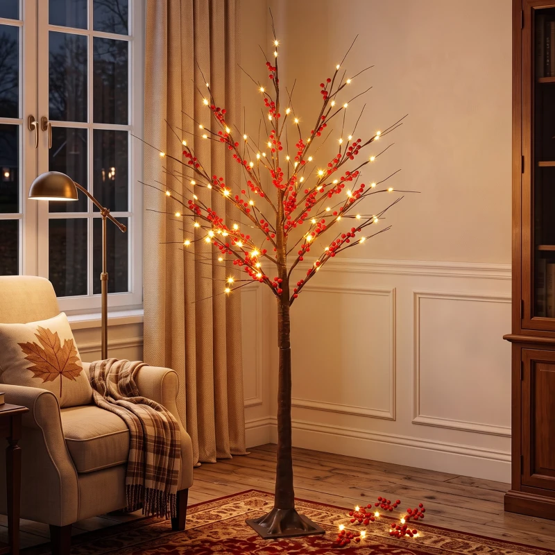 HOMCOM Árbol de Abedul Artificial 150 cm con 96 Luces LED Blanco Cálido Bayas Rojas Temporizador y 12 Ramas Flexibles Marrón