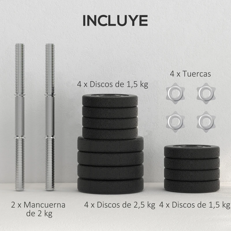 HOMCOM Juego de Mancuernas Ajustables de 25kg con Discos de 2,5/1,5/1,25kg y Barras de 2kg para Gimnasio en Casa