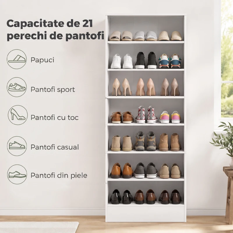 HOMCOM Pantofar cu Rafturi Reglabile, pentru 21 de Perechi, Alb