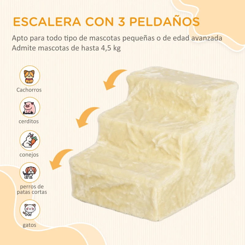 PawHut Escalera para Perros de 3 Peldaños con Funda Extraíble y Lavable Rampa para Perros para Cama Sofá 46x35x35 cm Beige