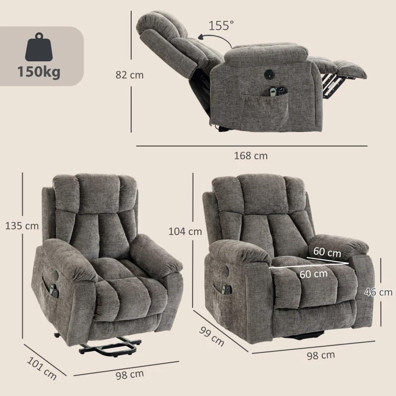 HOMCOM Relaxfauteuil met opstahulp, massage en warmte, seniorenfauteuil met brede diepe zitting en USB