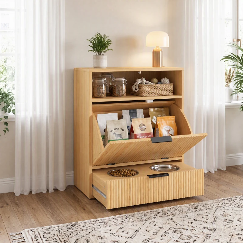 PawHut Pet Feeder Station with Storage, Dog Food Storage Container w/ 2 Raised Bowls, Tilt Out Cabinet, Slow Feeder Mat