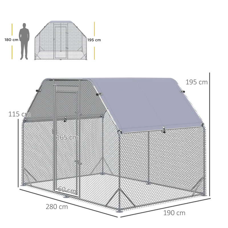 PawHut Gallinero para Exterior 2,8x1,9x1,95 m Jaula de Gallinas de 1 Habitación Cubierta de Tela Oxford Anti-UV Plata