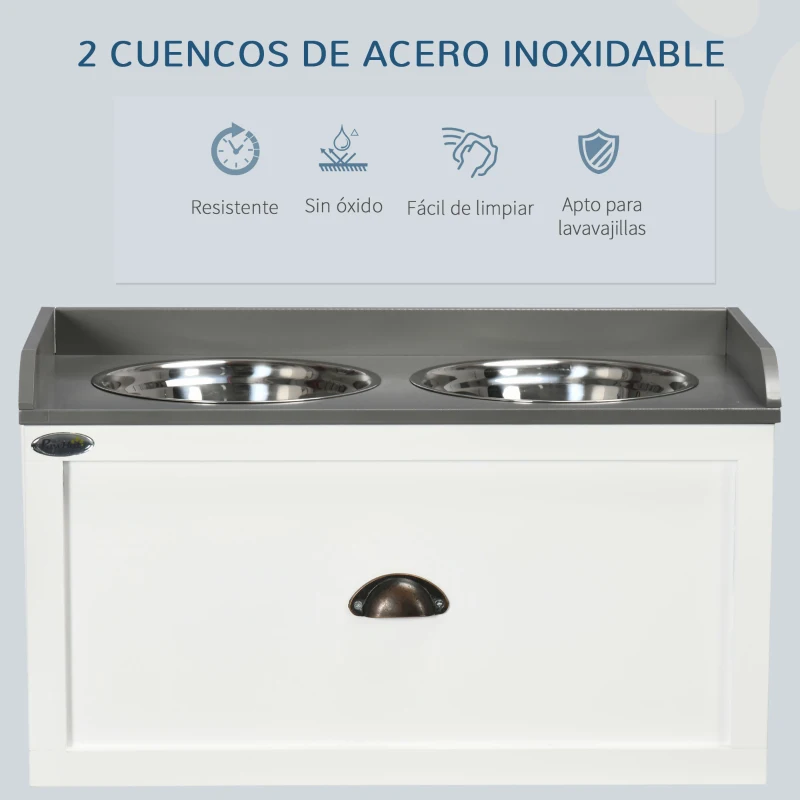 PawHut Comedero Elevado para Perros Grandes con 2 Cuencos de 2000 ml de Acero Inoxidable y 1 Cajón 63x30x36 cm Blanco