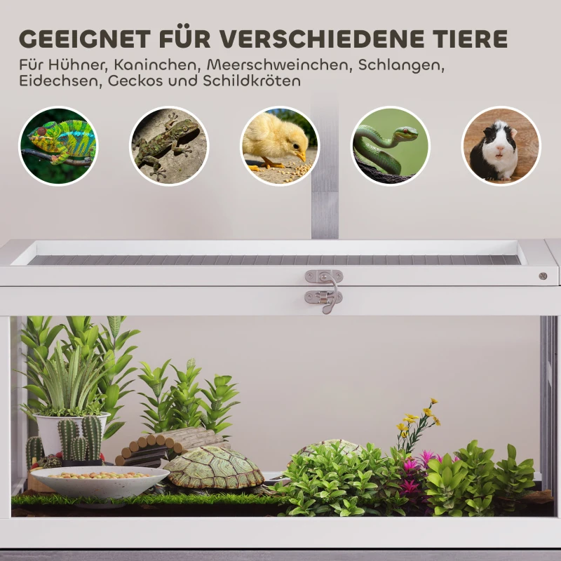 PawHut schildpaddenhuis van hout schildpaddenverblijf met hoofdverblijf, kijkvenster, deksel, 104cm x 53cm x 82cm, Wit+Grijs