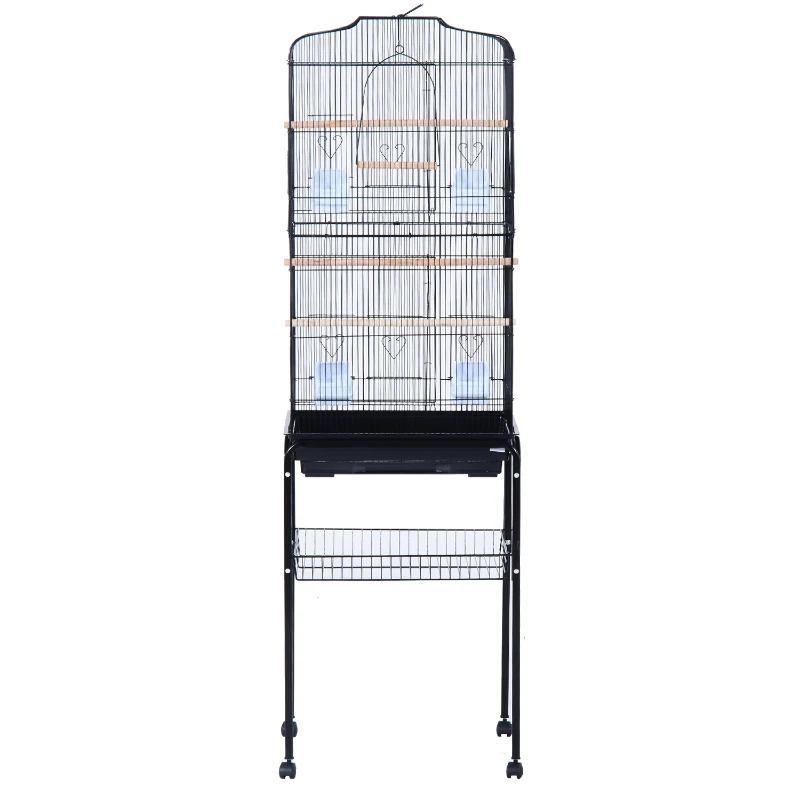 PawHut Jaula para Pájaros, Jaula Grande con Ruedas, Estante de Almacenaje, Puertas, 4 Comederos, 3 Perchas, Columpio, Bandeja Extraíble y Asa, para Loro, Canario, Periquito, 47,5x37x153 cm, Negro