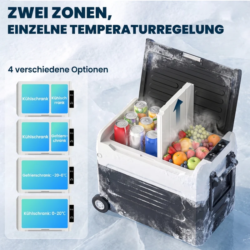 Outsunny Compressor-koelbox 50L -20℃-20℃ elektrische koelbox met dual-zone temperatuurregeling, APP, LED, batterijbeveiliging en opvouwbare handgreep