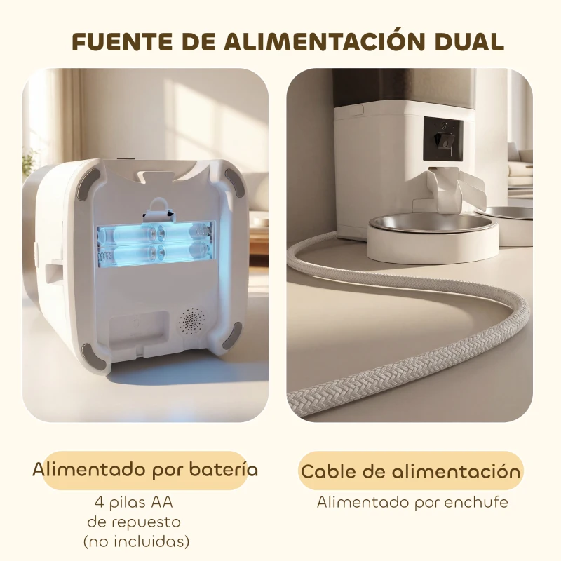 PawHut Comedero Automático 6L WiFi 2.4G con Control App 2 Cuencos Programable 1-10 Comidas Grabadora Voz 10s Fácil de Limpiar