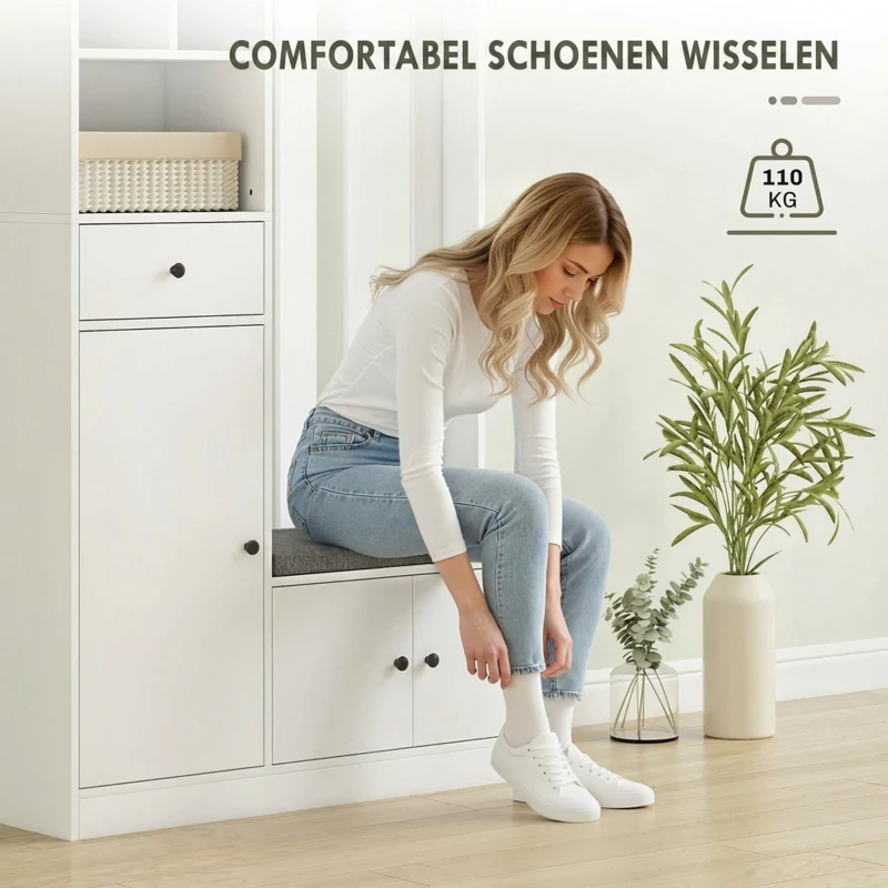 HOMCOM 180 cm garderobekast met kapstok, schoenenbank, 4 haken, open opbergplanken, MDF, wit(m-6)