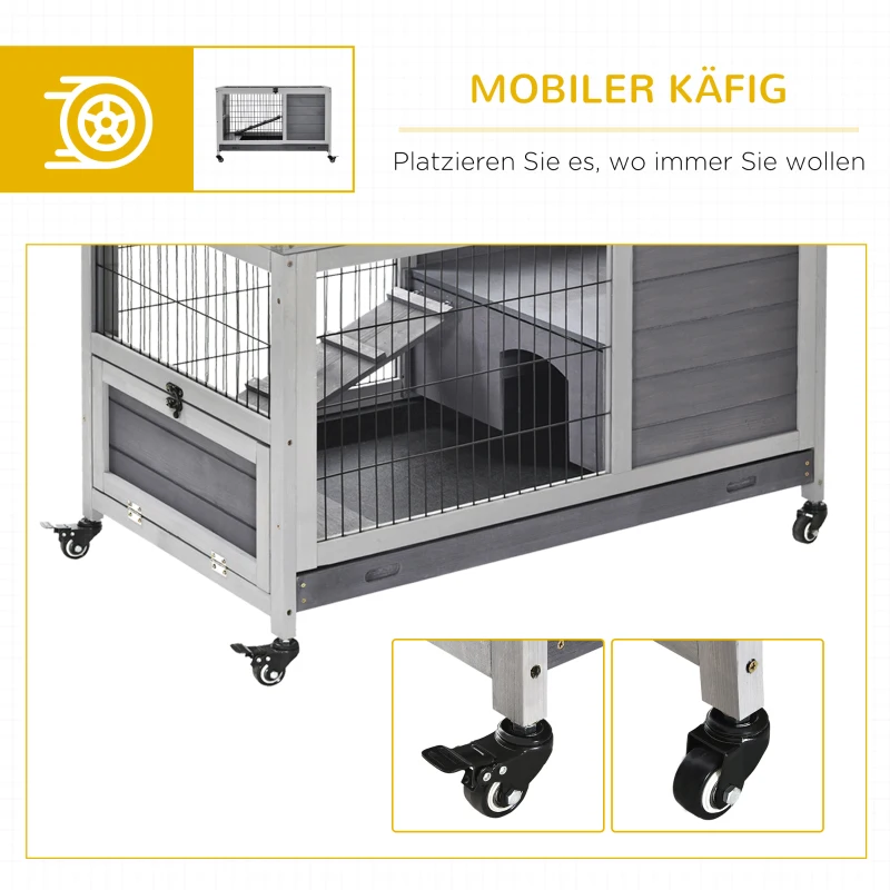 PawHut Kooi voor kleine dieren met Wielen Kooi voor kleine dieren Caviahok Cavia Kooi Kooi voor kleine dieren Dennenhout Grijs 90 x 53 x 59 cm