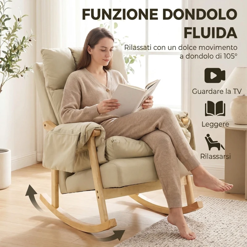 HOMCOM Sedia a Dondolo in Tessuto Imbottita, Seduta Profonda, Tasche Laterali, Gambe in Legno di Caucciù, Beige