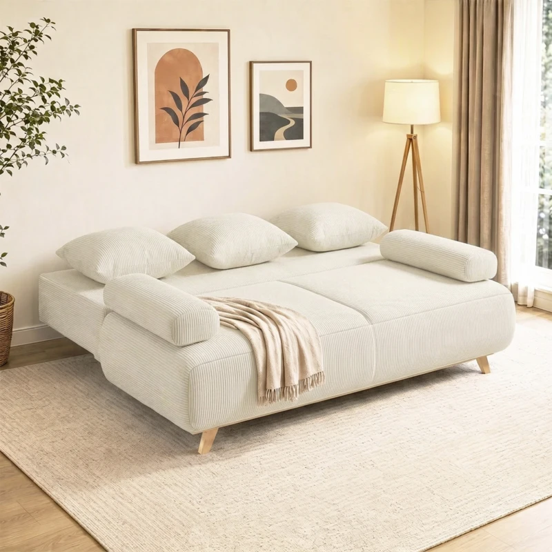 HOMCOM Schlafsofa mit verstellbarer Rückenlehne, Bettfunktion, verstecktem Stauraum und Cordbezug, Beige