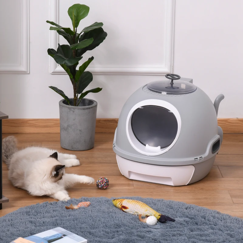 PawHut Katzentoilette mit Dachfenster, Katzenklo mit Bodenschale, mit Schaufel, Tragbar, PP ABS, Grau, 47 x 55 x 44 cm