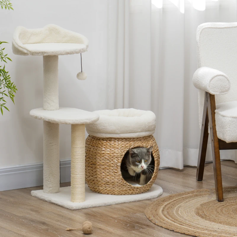 PawHut Kratzbaum mit Katzenhöhle, Spielball und Plattform, Schilfrohr/Sisal, bis 10 kg, 60 x 40 x 79 cm, Cremeweiß