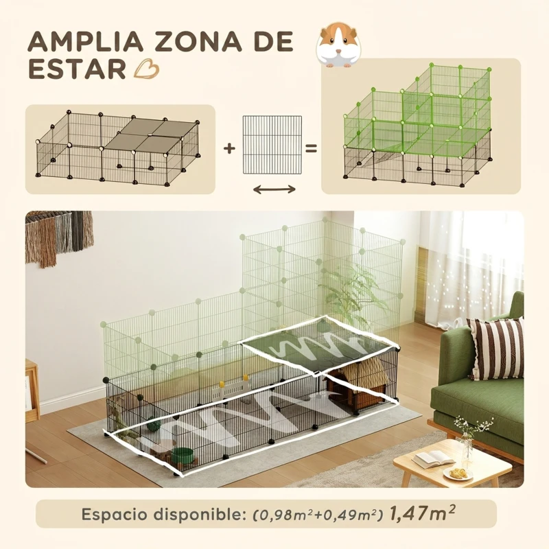 PawHut Valla Metálica para Mascotas de 39 Paneles Jaula para Cobayas Erizo DIY 2 Niveles 140x70x105 cm Negro