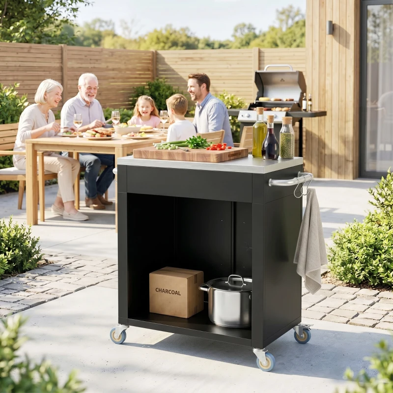 HOMCOM keukenwagen met wielen serveerwagen rvs zwart