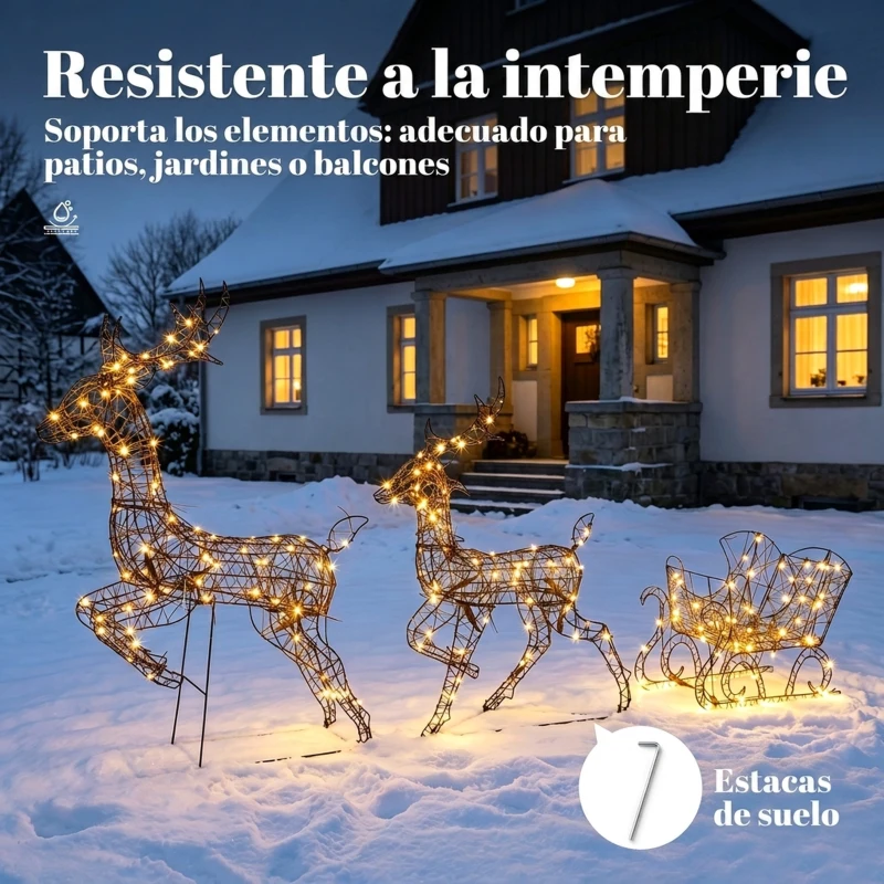 Outsunny Set Navideño de Reno y Trineo con Luces de 3 Piezas de Ratán 240 Luces LED Blanco Cálido 8 Modos y Temporizador