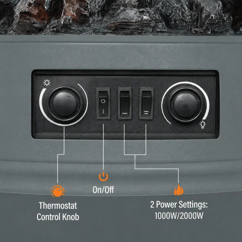 HOMCOM Electric Fireplace Stove, 1000/2000W 3-Sided Freestanding Fireplace Heater with 3D Flame Log, Thermostat, Grey