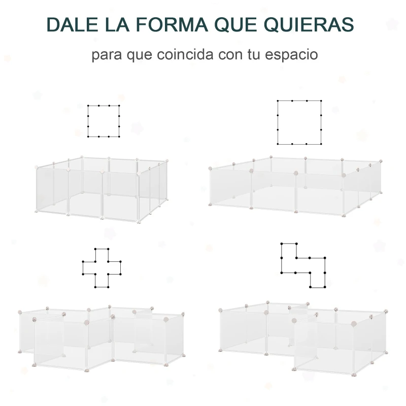PawHut Valla para Mascotas, Jaula Modular, Recinto Interior de Plástico Transparente con 12 Paneles, 24 Conectores, para Cobayas, 105x105x45 cm, Blanco