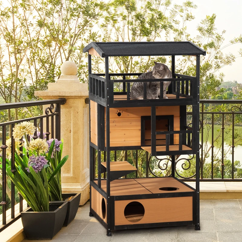 PawHut Caseta para Gatos de Madera 75,5x75x137 cm con Techo Asfáltico Plataformas para Interior y Exterior Natural