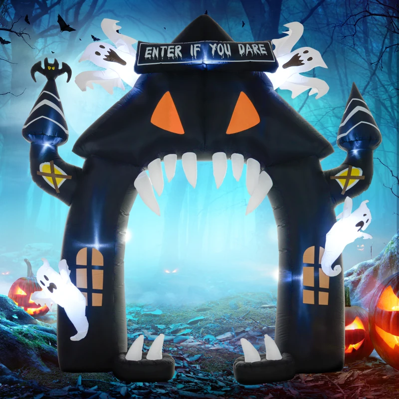Outsunny Aufblasbarer Halloween-Torbogen, 4 Geister, LED-Lichter, wasserdicht, 300 x 76 x 300 cm(m-10)
