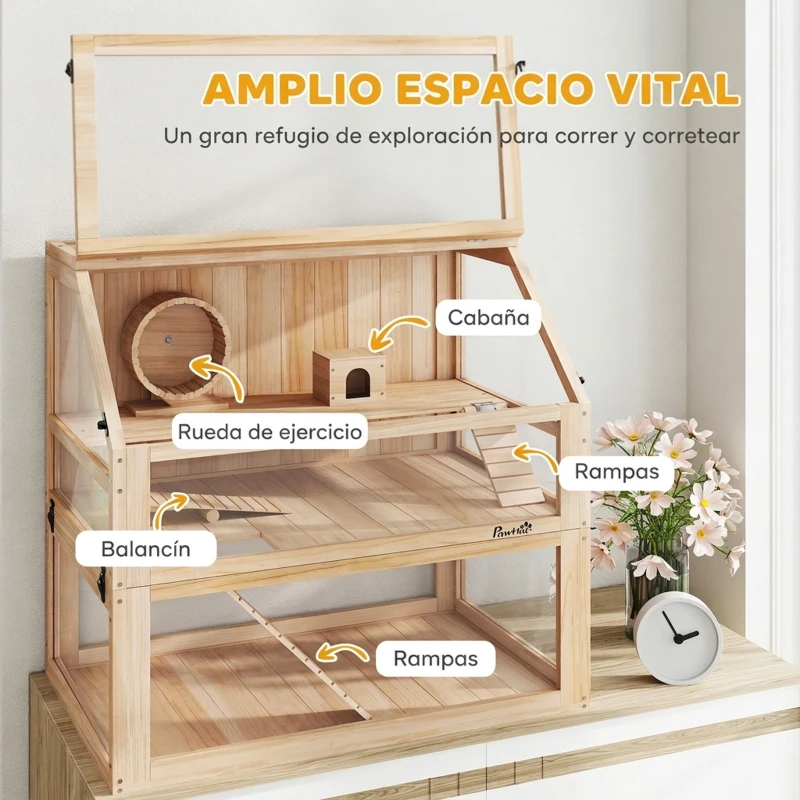 PawHut Jaula para Hámster de Madera 3 Nivles con Base Desmontable Profundo Balancín Rueda de Ejercicio Rampas Casita Natural