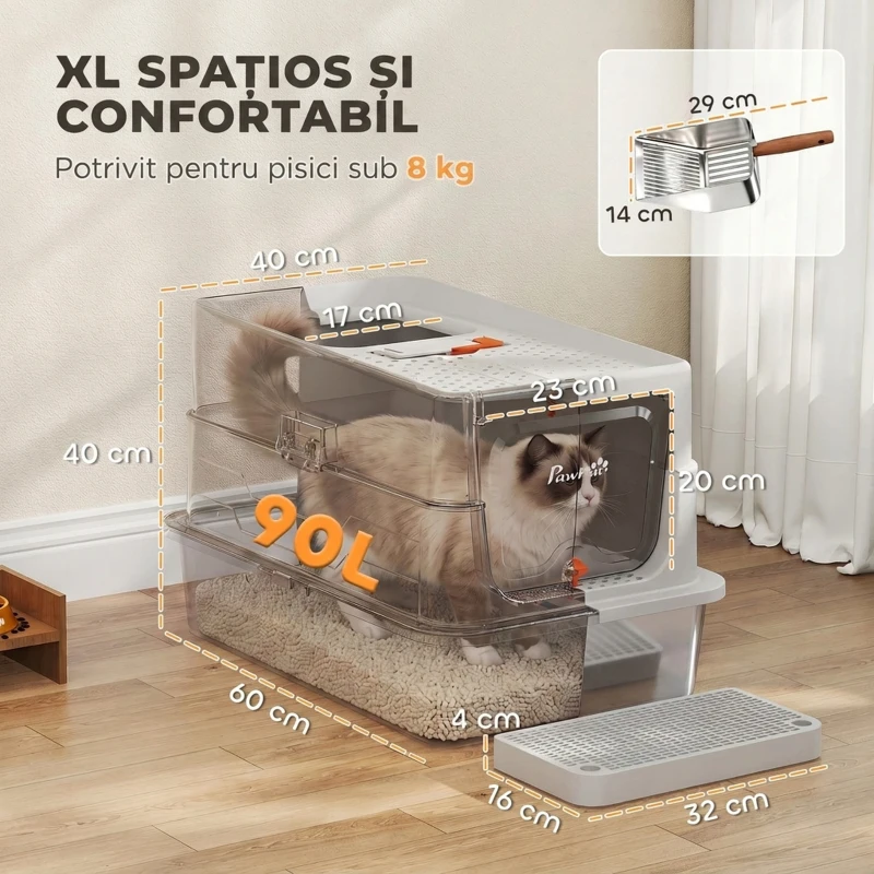 PawHut Litieră pentru Pisici din Oțel Inoxidabil, Închisă, Antimiros, XXL, Gri Deschis