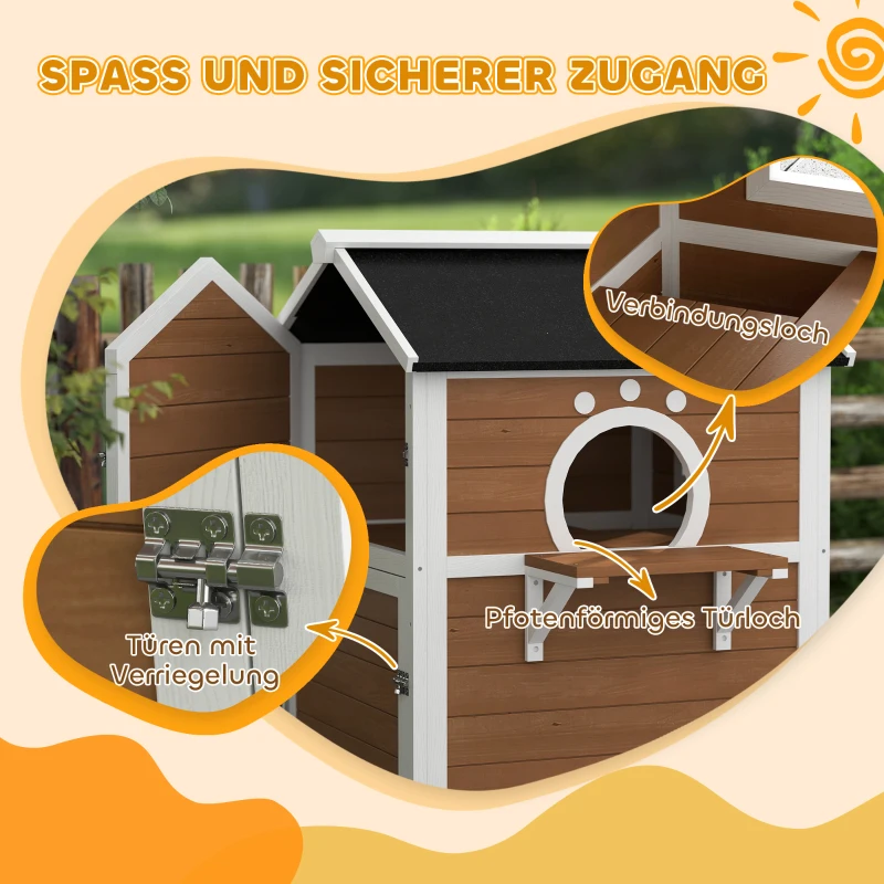 PawHut Buitenkattenhuis met Weerbestendig Dak, Venster, Balkon, 2 Niveaus, Verwijderbare Bodem, voor 1-2 Katten, Bruin