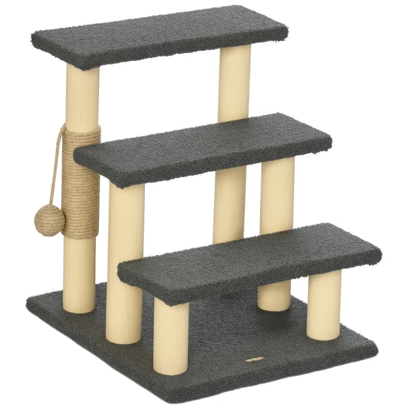 PawHut Katzentreppe, Kratzbaum, drei Stufen, Spielball, grau+holzfarben, 45 x 40 x 48cm
