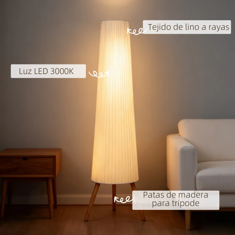 HOMCOM Lámpara de Pie con Trípode Brillo Ajustable 3 Niveles Interruptor de Pie Patas de Madera y Pantalla de Tela Blanco