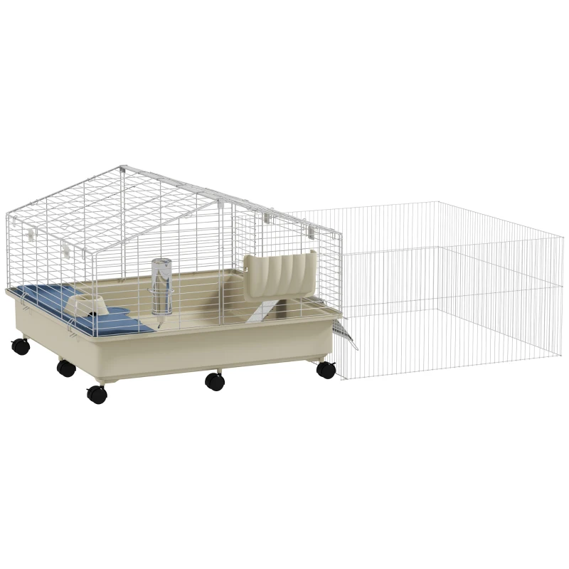 PawHut Kleine Huisdierenkooi, Balkon, Hellingbaan, Voerbak, Waterfles, Dubbellaags Ontwerp, Wit