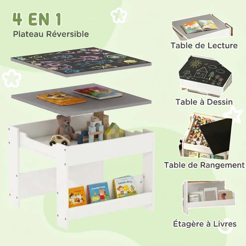 HOMCOM Ensemble 3 pièces table et 2 chaises pour enfant avec plateau réversible tableau noir, panier de rangement, étagères