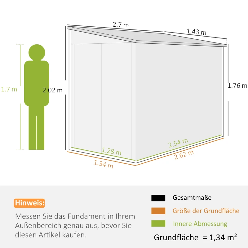 Outsunny Abri métallique 3,5m² 143x270x202cm Remise avec toit en pente Porte double verrouillable, fondation, grilles d'aération
