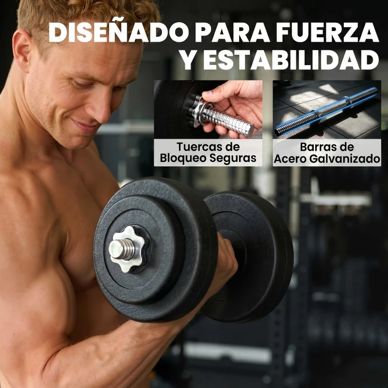 HOMCOM Juego de Mancuernas Ajustables con Barra de Conexión de Acero y Discos Desmontables 8x5 kg 4x1,5 kg Total 50 kg Negro