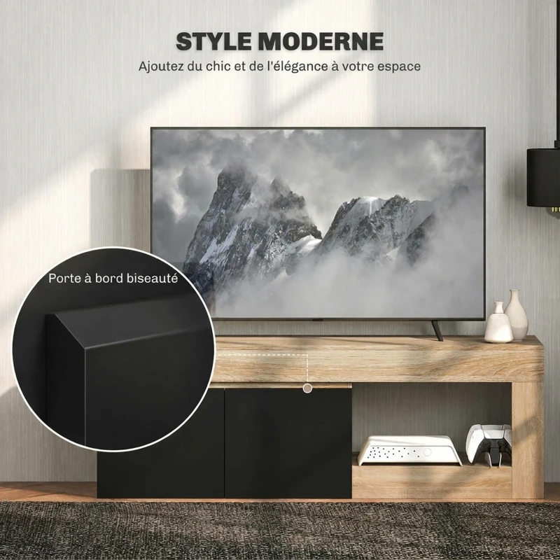 HOMCOM Meuble TV 2 portes pour téléviseurs jusqu'à 60 pouces, meuble télé avec placard et étagère ouverte, noir