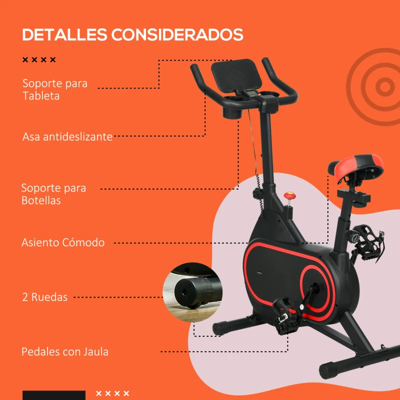 SPORTNOW Bicicleta Estática con Volante Inercia 4 kg Resistencia Ajustable Pantalla LED Silencioso Asiento Ajustable Rojo y Negro