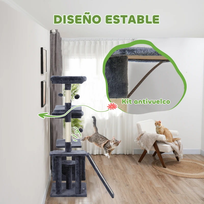 PawHut Rascador para Gatos 134 cm Torre para Gatos con Nidos Plataformas Bolas de Juguete y Postes de Sisal Gris Oscuro