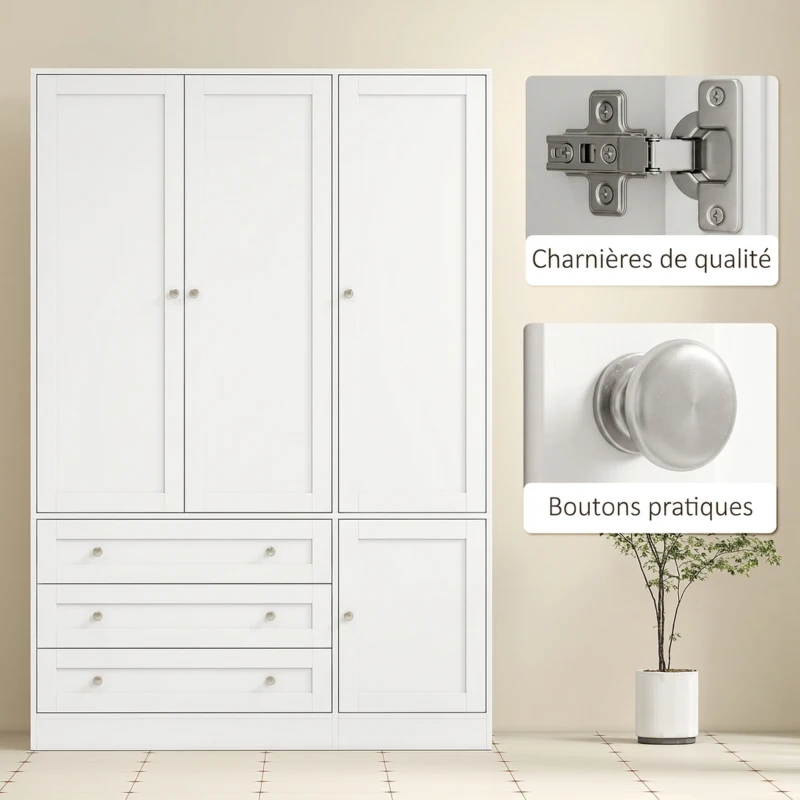 HOMCOM Armoire Chambre Penderie avec 4 Portes, 3 Tiroirs, Barre de Suspension et Étagère Réglable, 120 x 50 x 176,5 cm, Blanc