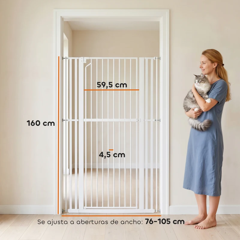 PawHut Barrera de Seguridad Niños Perros y Gatos Extra Alta 160cm Extensible 76-105cm para Puertas Escaleras Cierre Automático