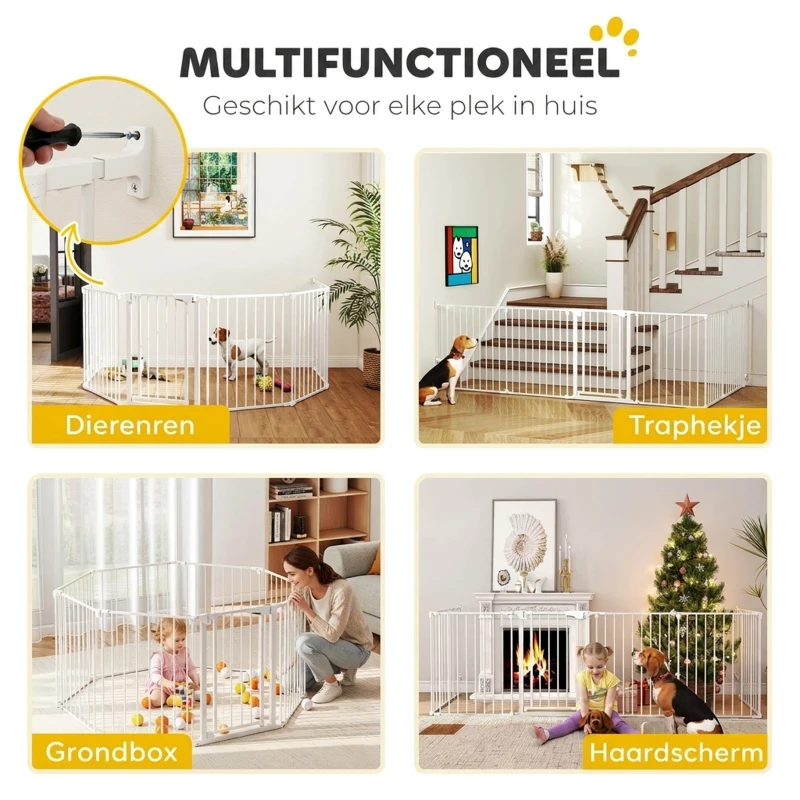 PawHut Dierenhek, 6-panel barrière met deur, opvouwbaar, voor kleine & middelgrote honden, kunststof, koolstofstaal, wit