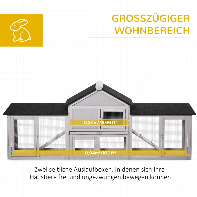Pawhut Kleintierstall mit 2 Freiluftgehegen Asphaltdach Tannenholz Grau + Schwarz
