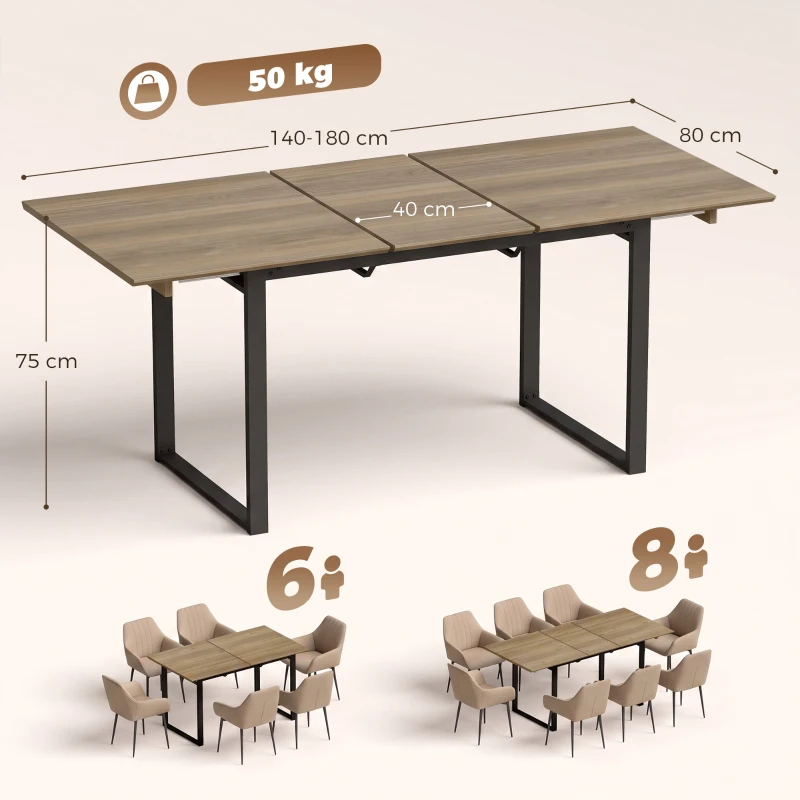 HOMCOM Masă extensibilă 140–180 cm pentru 6–8 persoane, dreptunghiulară, design industrial cu cadru din oțel, maro