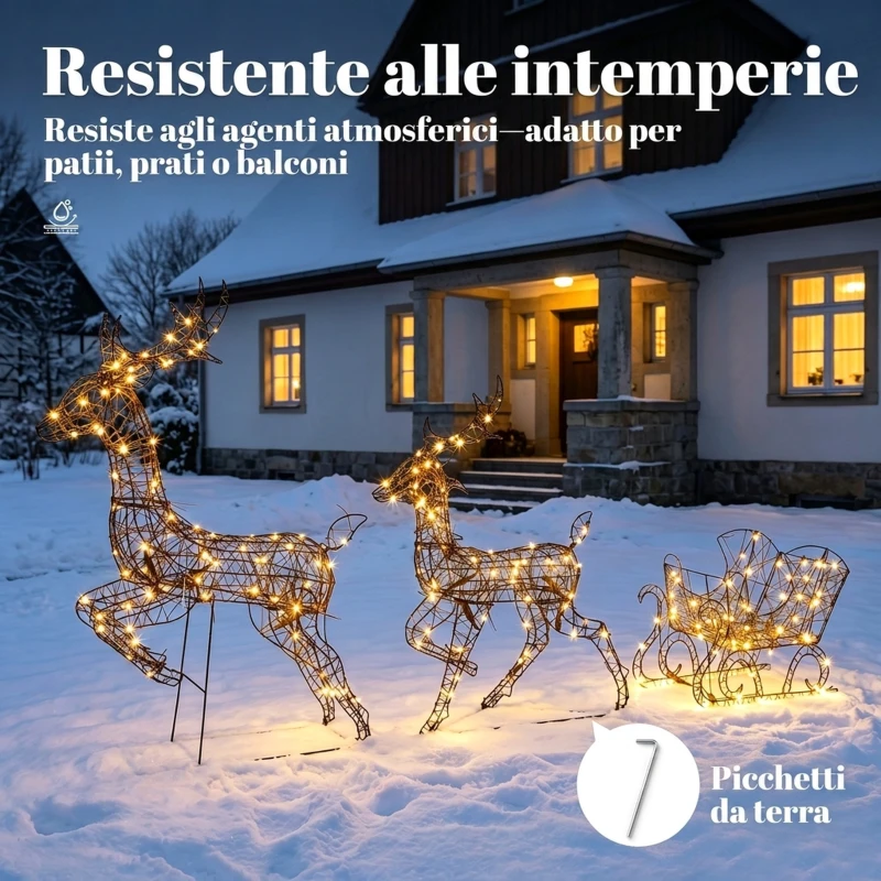 Outsunny Decorazione Natalizia da Esterno 3 Pezzi Renne e Slitta, 240 LED, 8 Illuminazioni, Timer, IP44