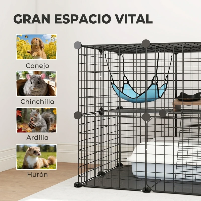 PawHut Jaula para Gatos Interior de 2 Niveles Recinto de Acero para Gatos con 2 Puerta Escalera Hamaca 70x70x70 cm Negro