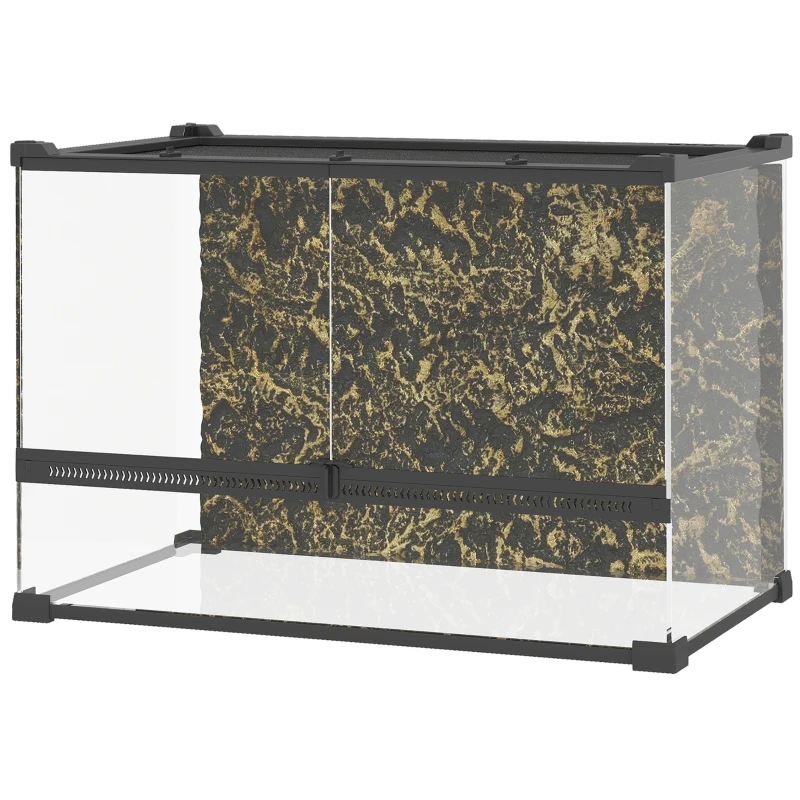 PawHut Terrarium für Reptilien Glasterrarium 48L mit Frontbelüftung Steinrückwand Drehverschluss 50 x 30 x 35 cm Schwarz