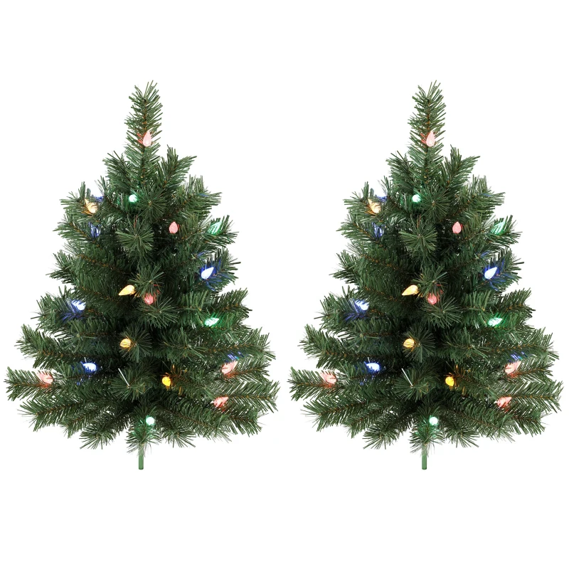 HOMCOM Podświetlana choinka 60 cm, zestaw 2 szt., sztuczna, z 60 kolorowymi diodami LED, 130 zakończeń gałązek, zielony