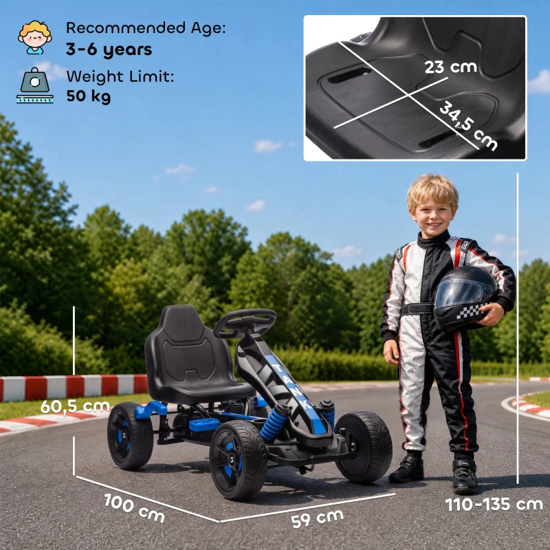 AIYAPLAY Go Kart a Pedali per Bambini 3-6 Anni, 50 kg Portata, con Portabicchieri e Ruote in EVA Antiscivolo, Blu