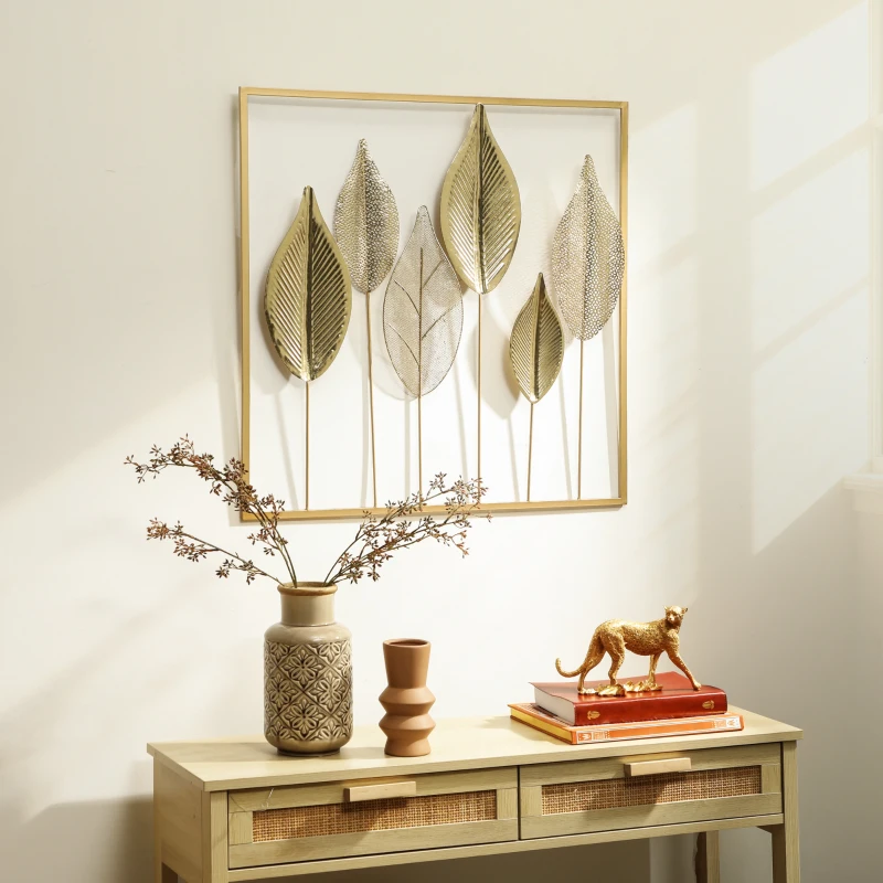 HOMCOM Metallrahmen mit Blattdesign, Wandschmuck, moderner Stil, Goldfarben